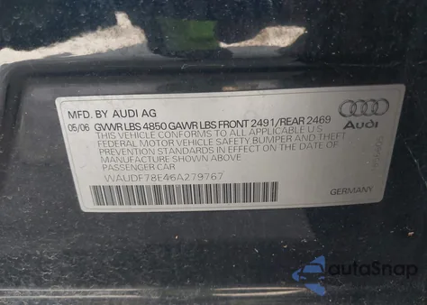 2006 Audi A4 2.0T z USA, uszkodzony, nr VIN WAUDF78E46A279767